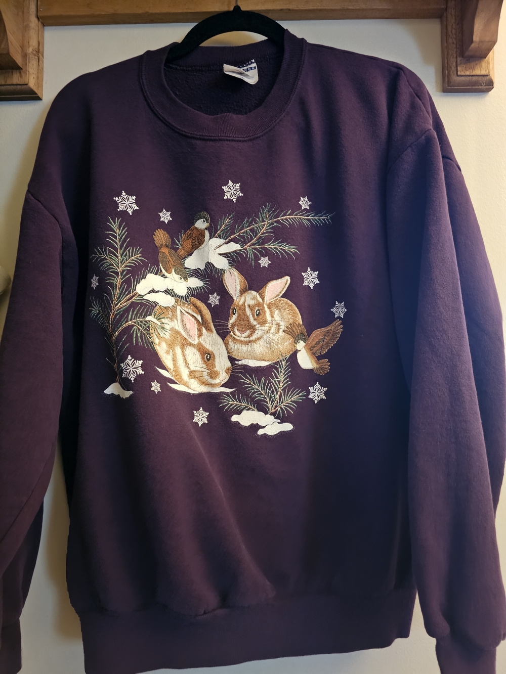 Jerzees Purple Crewneck Sweater with Rabbit & Bird Graphic